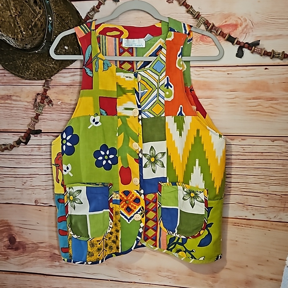 Upcycled "Sacred Threads" Sleeveless Colorblock Top with Pockets ! 💛💚💙🧡
